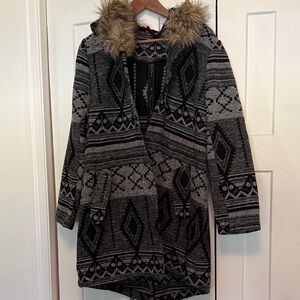 Gray and Black Patterned Coat with Faux Fur Hood